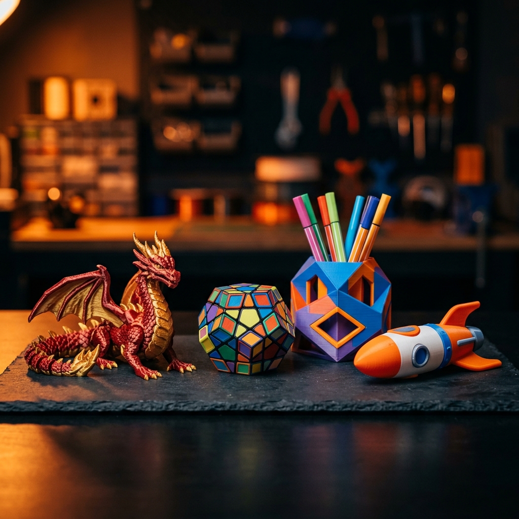KorivCraft 3D Printed Products — dragon figurine, puzzle cube, desk organizer and rocket toy